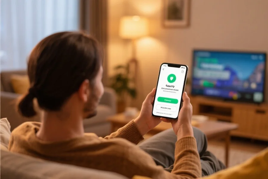 一位用户在温馨的家中安全地使用娱乐应用，界面显示安全与健康提示
