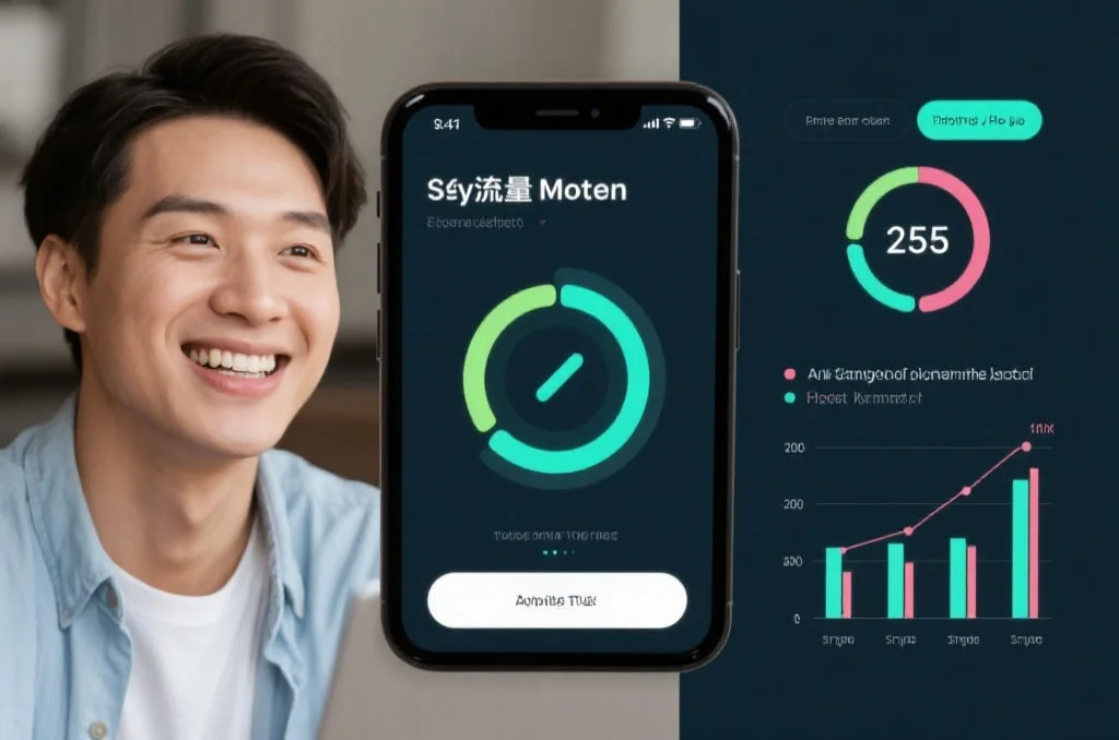 智能手机屏幕显示省流量模式开启，旁边有流量统计图表和轻松微笑的用户