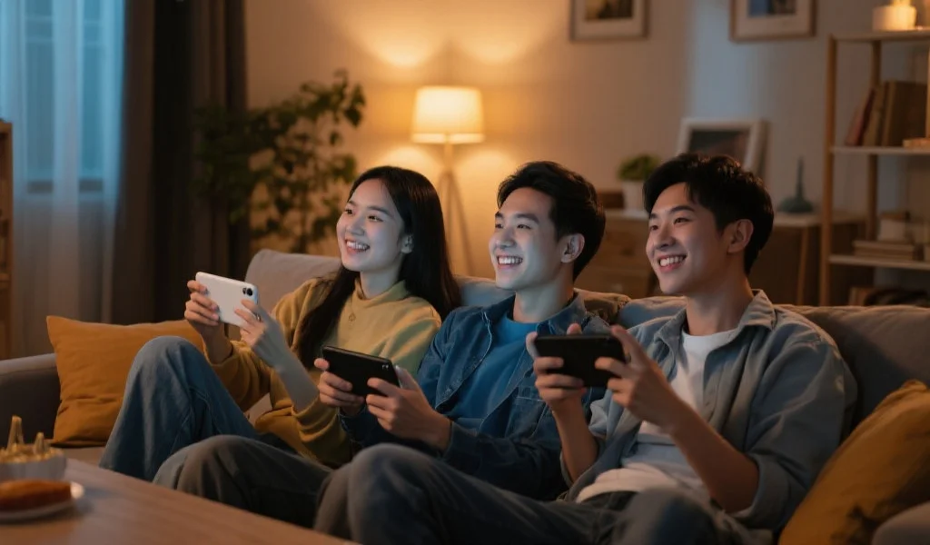 年轻人在舒适的家中轻松享受数字娱乐，背景温馨，氛围轻松友好